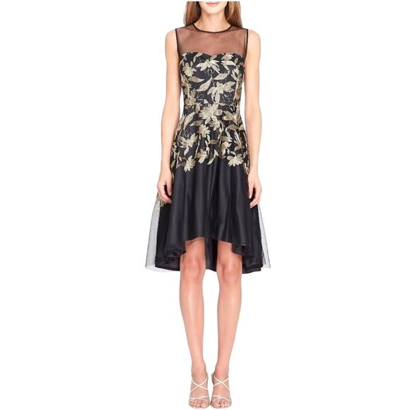 Tahari Embroidered Metallic Floral Illusion Gold Black Cocktail Dress Size 6 - Picture 3 of 16